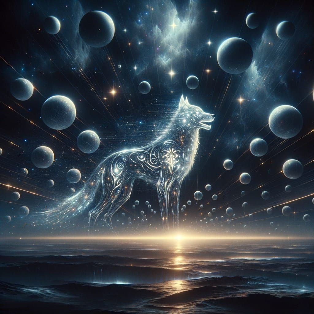 Radiant Wolf in Cosmic Landscape Digital Painting