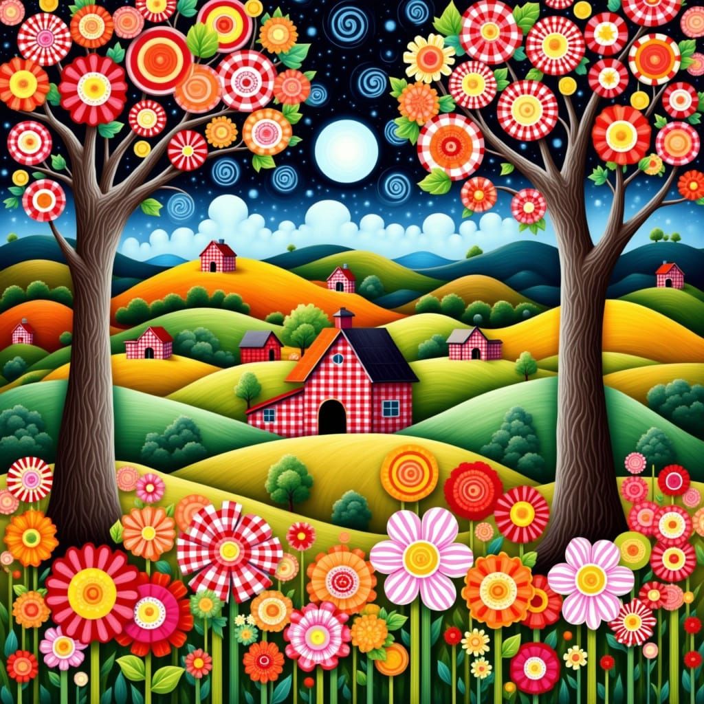 Whimsical Farm with Gingham Flowers and Swirling Sky