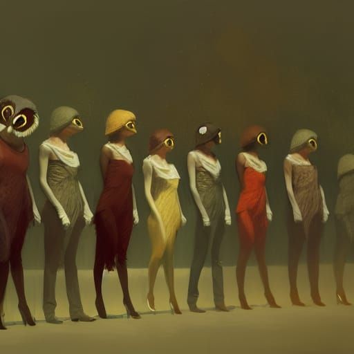 Photorealistic Owl Chorus Line in Gowns