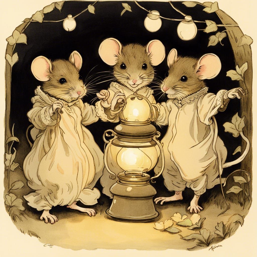 Mice Garden Party with Lanterns, Classic Illustration