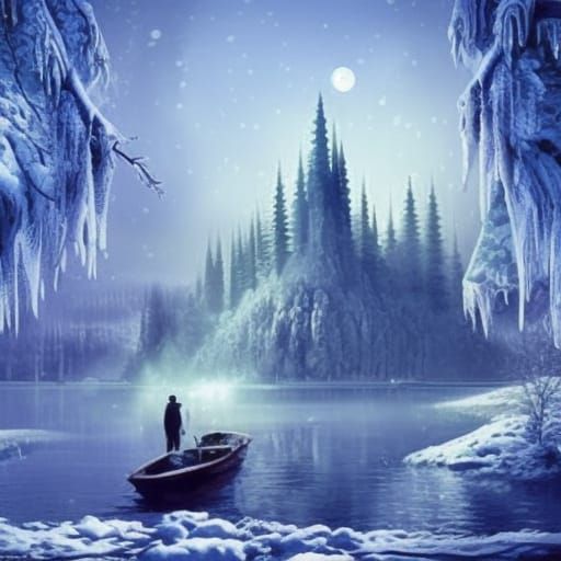 Moonlit Fantasy frozen Castle, lit castle windows, winter fo...