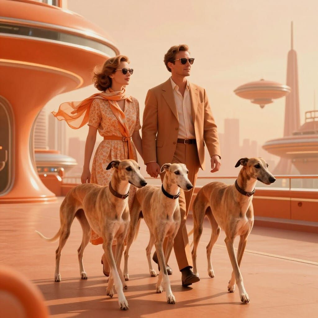 Retro-Futuristic Couple with Windhounds in Orange Cityscape