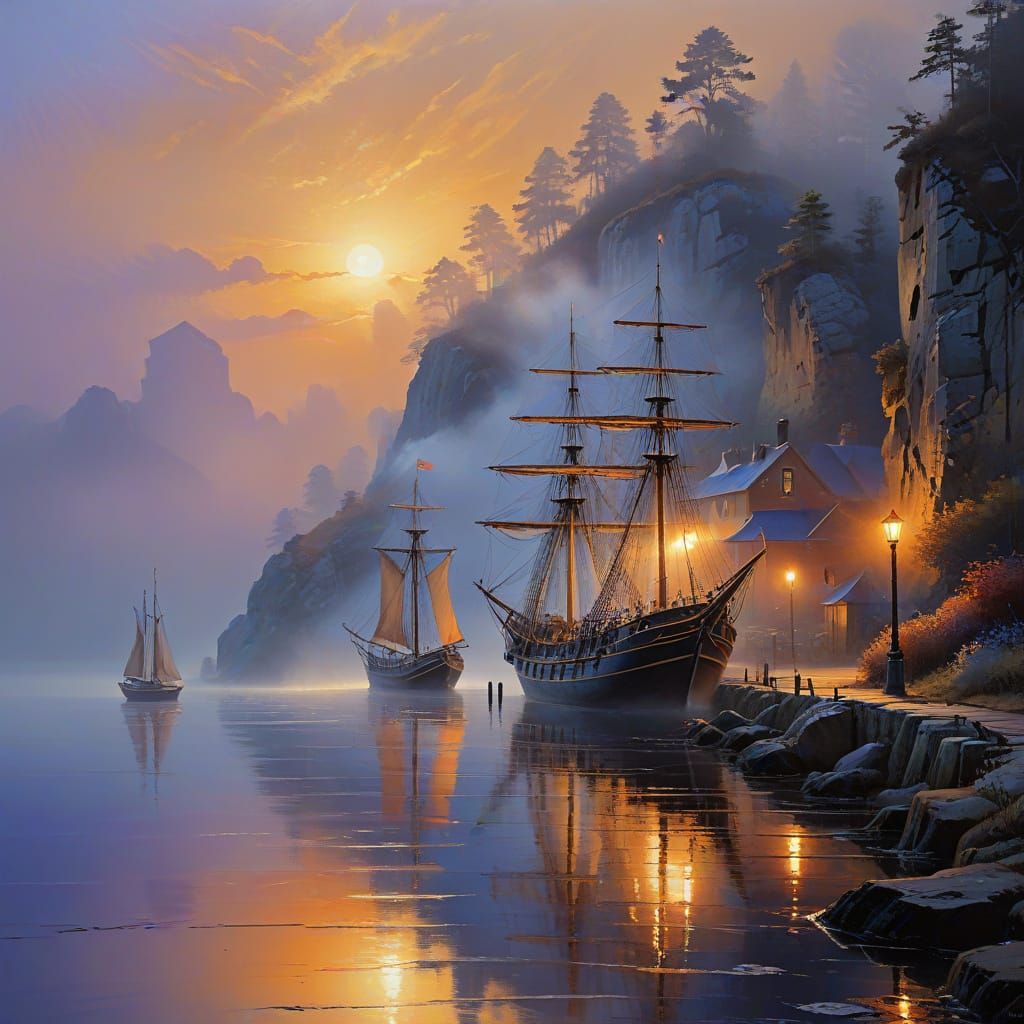 Dreamy Sailing Ships in a Misty Harbor