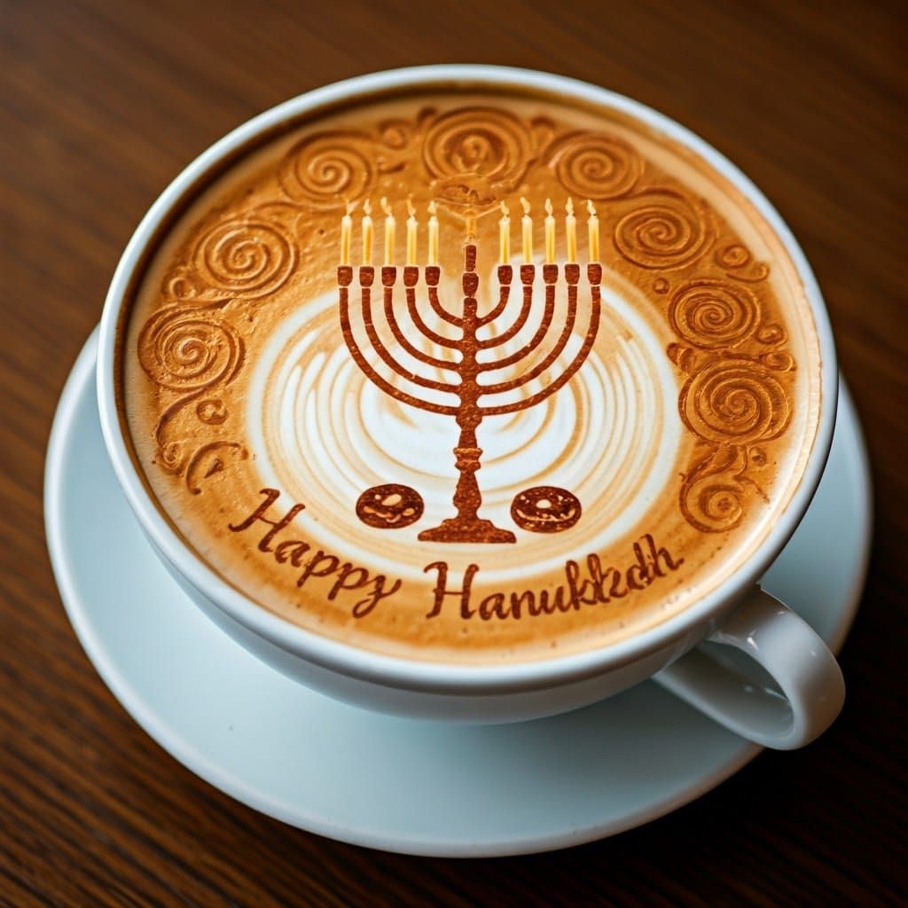 Hanukkah Latte Art in Klimt-Inspired Style
