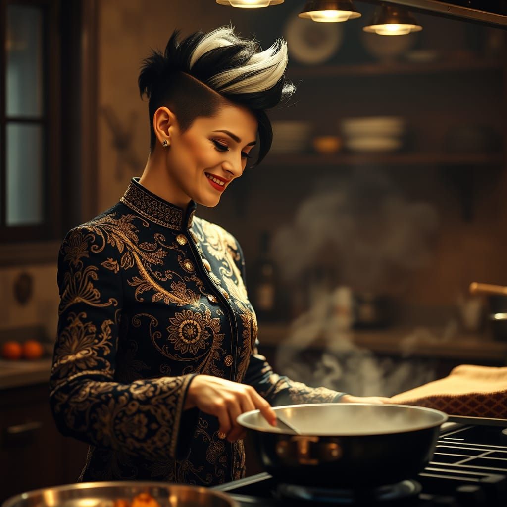 Woman in Ornate Suit Stirs Sizzling Pan in Warmly Lit Kitche...
