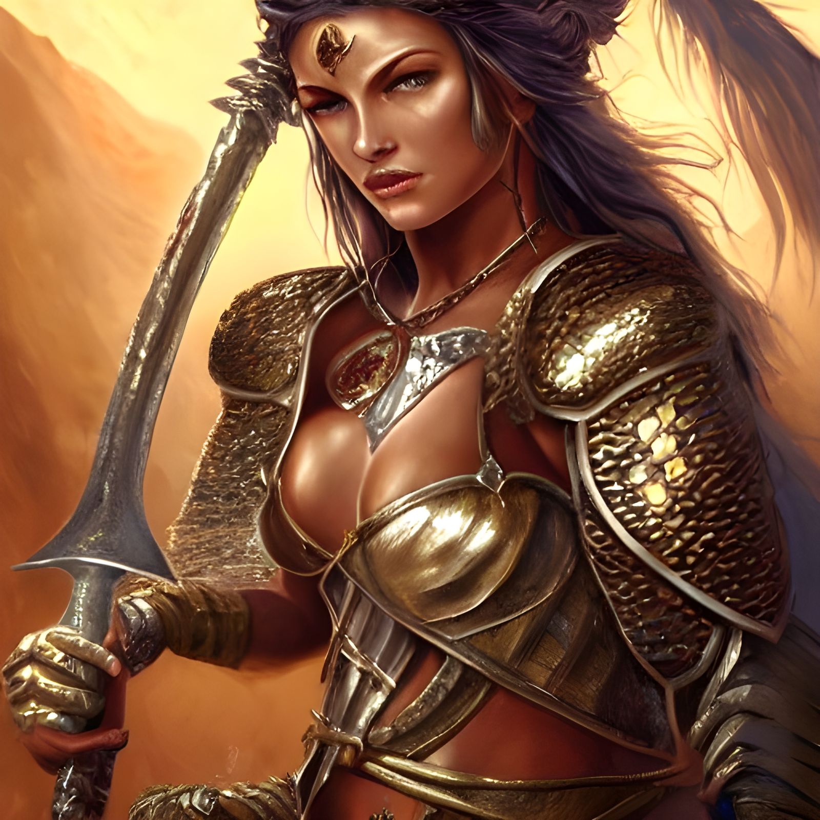 Barbarian Woman in Silver Armor, Detailed Digital Art