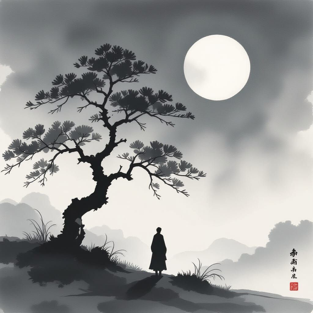 Solitary Figure Under Moonlight in Sumi-e Style