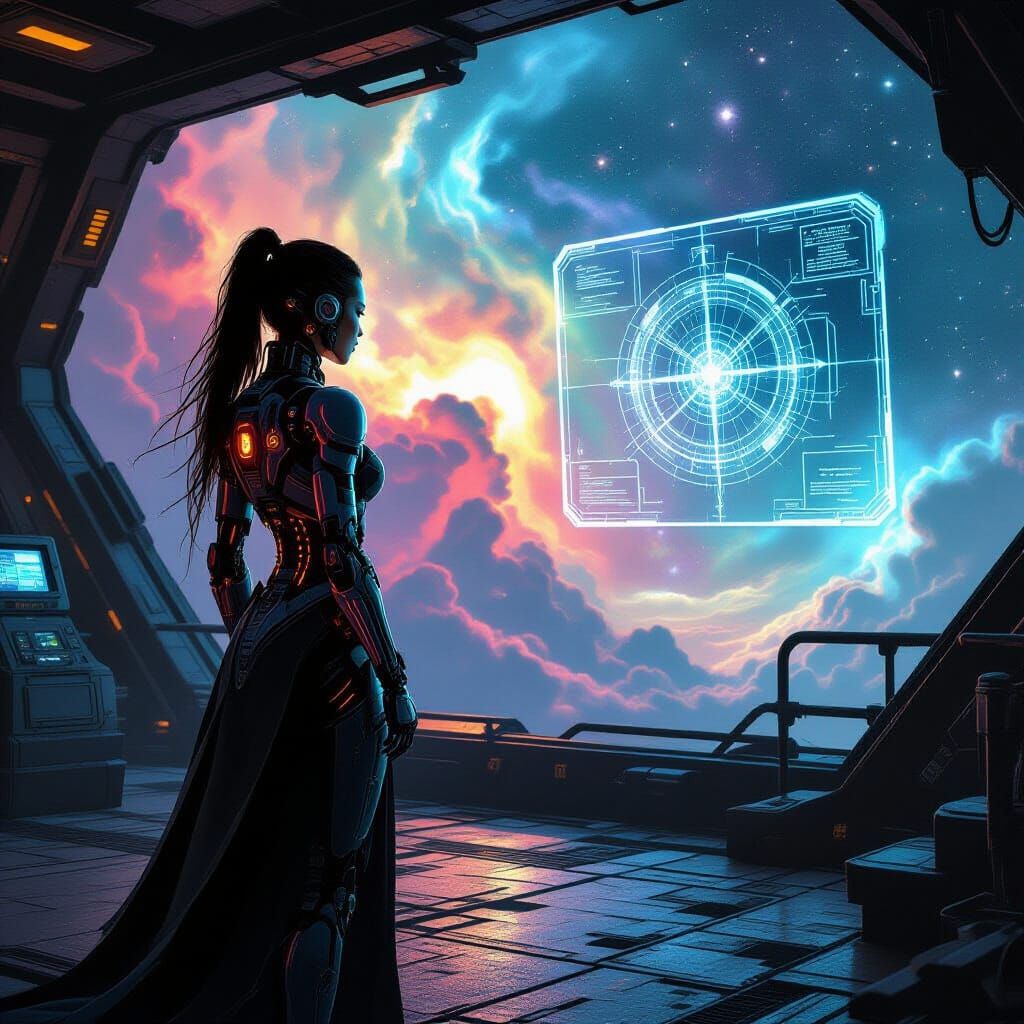 Cyborg Woman on Starship Deck Overlooking Nebula