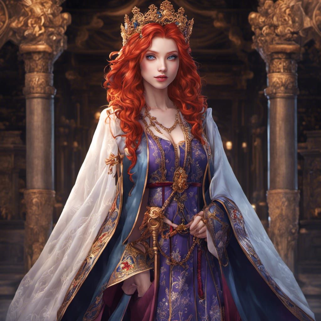 Anime Portrait of Red-Haired Princess With Twisted Cross