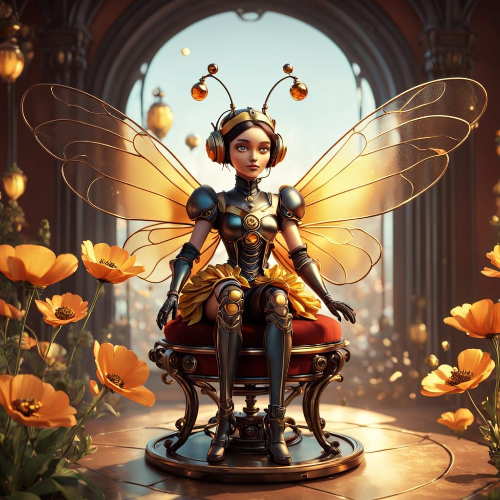 A regal antropromorphic steampunk queen bee, resplendent in a shimmering exoskeleton and delicate wings...