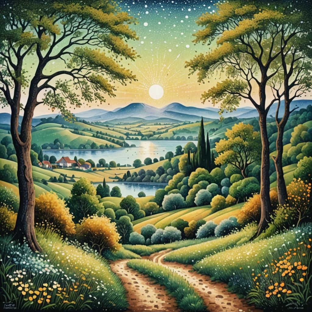 beautiful Landscape,In pointillism style, in dot-art and wit...