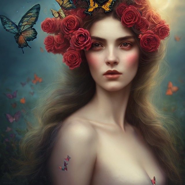 Stunning Woman in Rose Field, Photorealistic Portrait