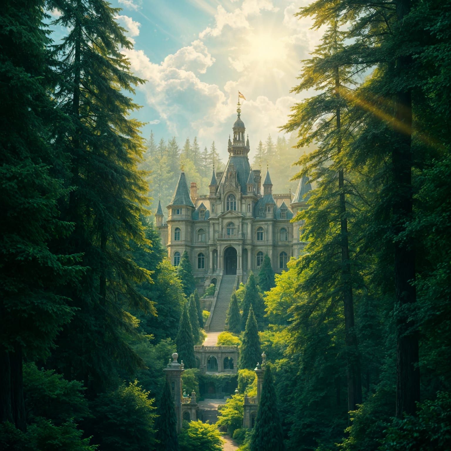Palace in Green Forest with Heavenly Sunshine