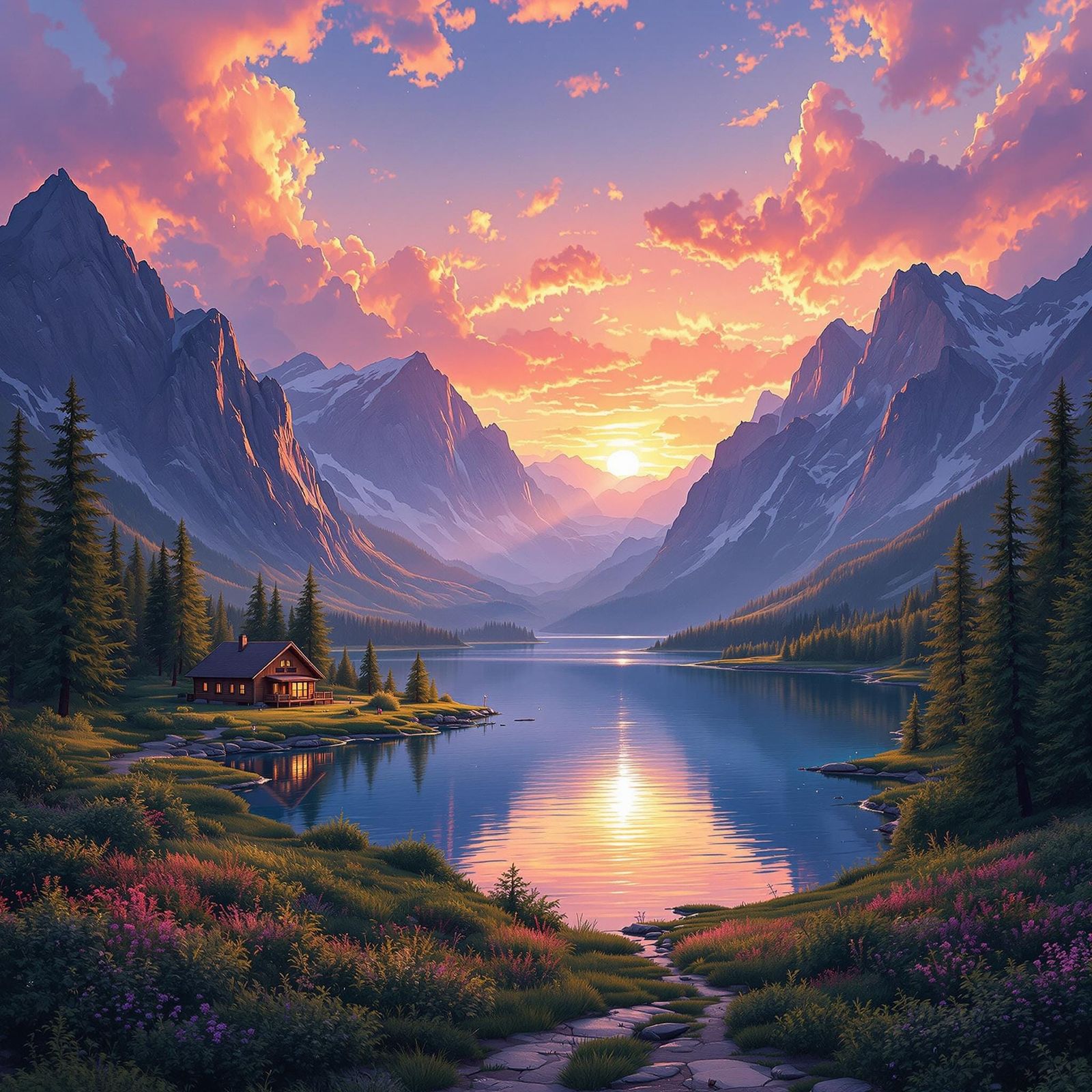 Serene Sunset Over Majestic Mountains in Vibrant Colors