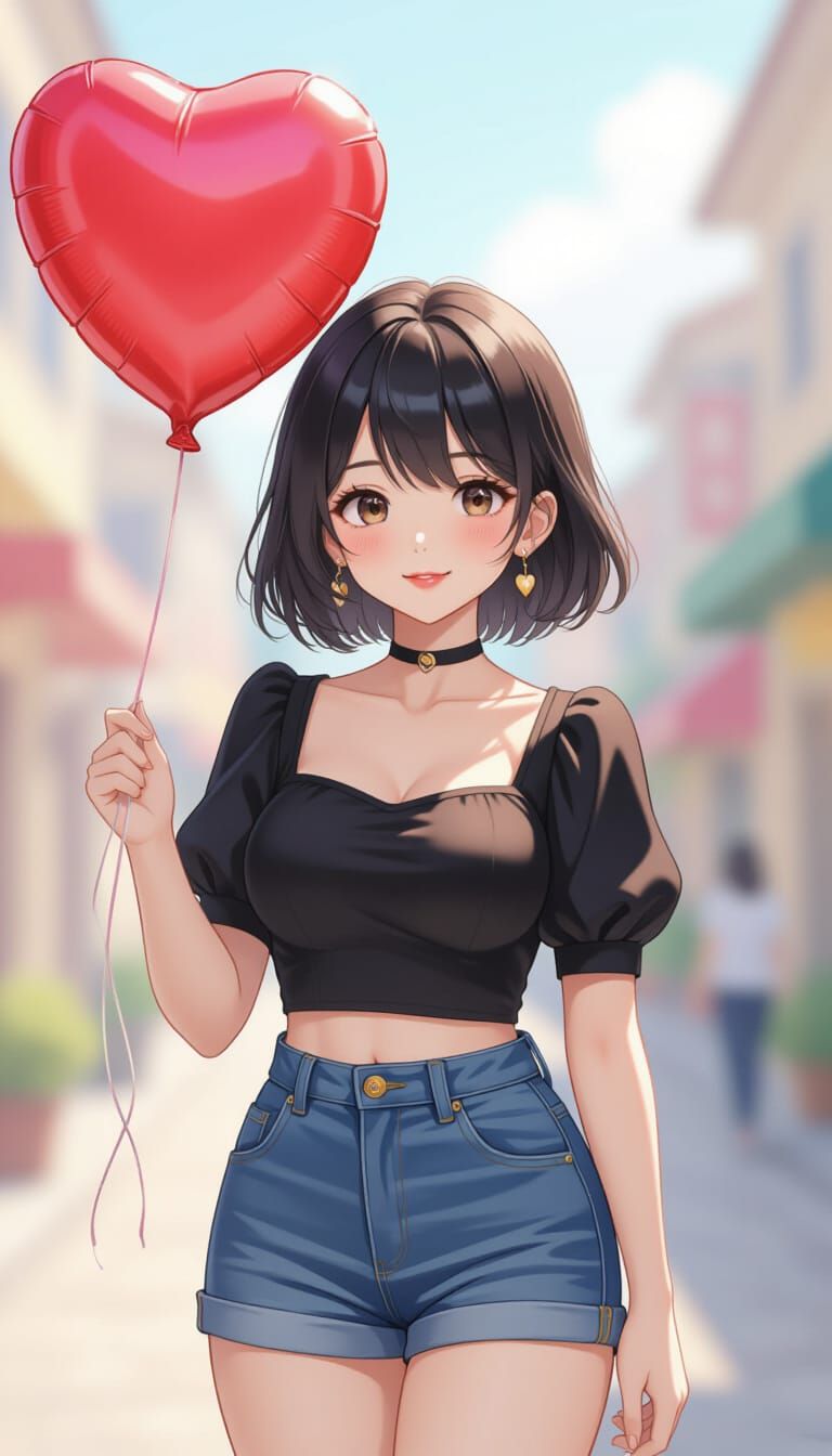 Cute Thai Woman Holding Heart Balloon in Watercolor Style