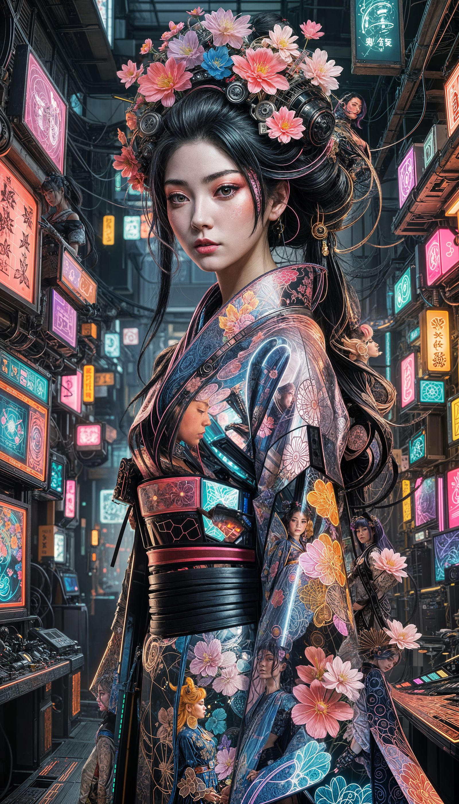 Futuristic Geisha Mechanic with Holographic Kimono