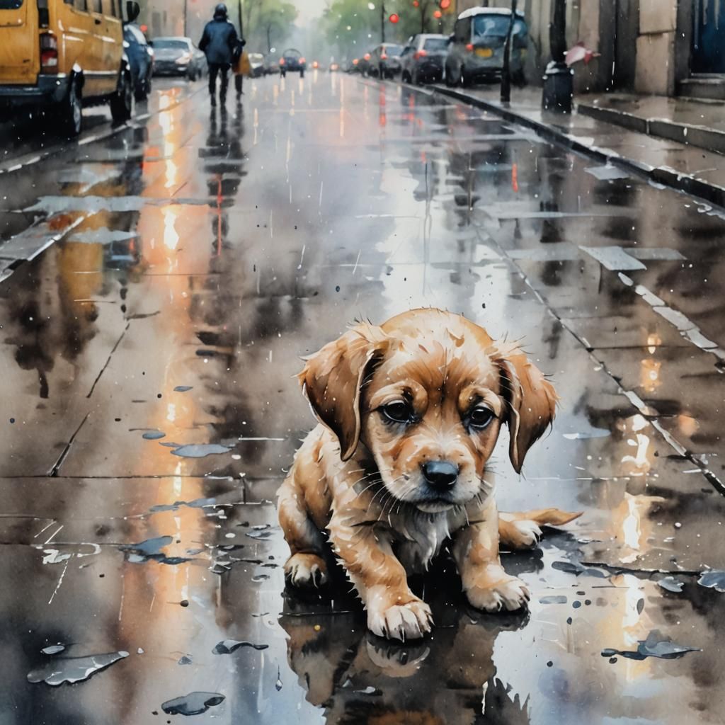 Sad Puppy in Rain, Watercolor Impressionism