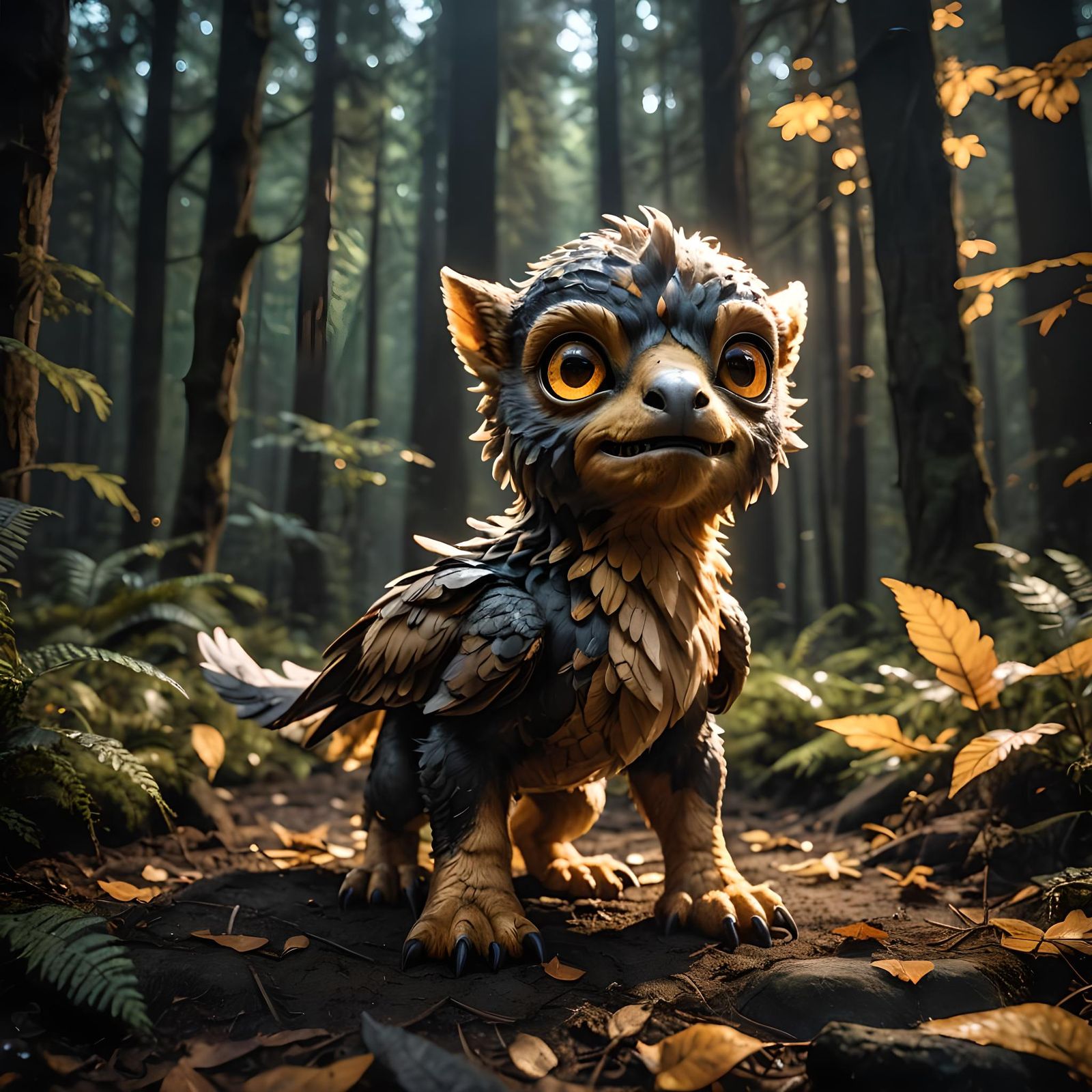 Adorable Baby Griffin in Night Forest