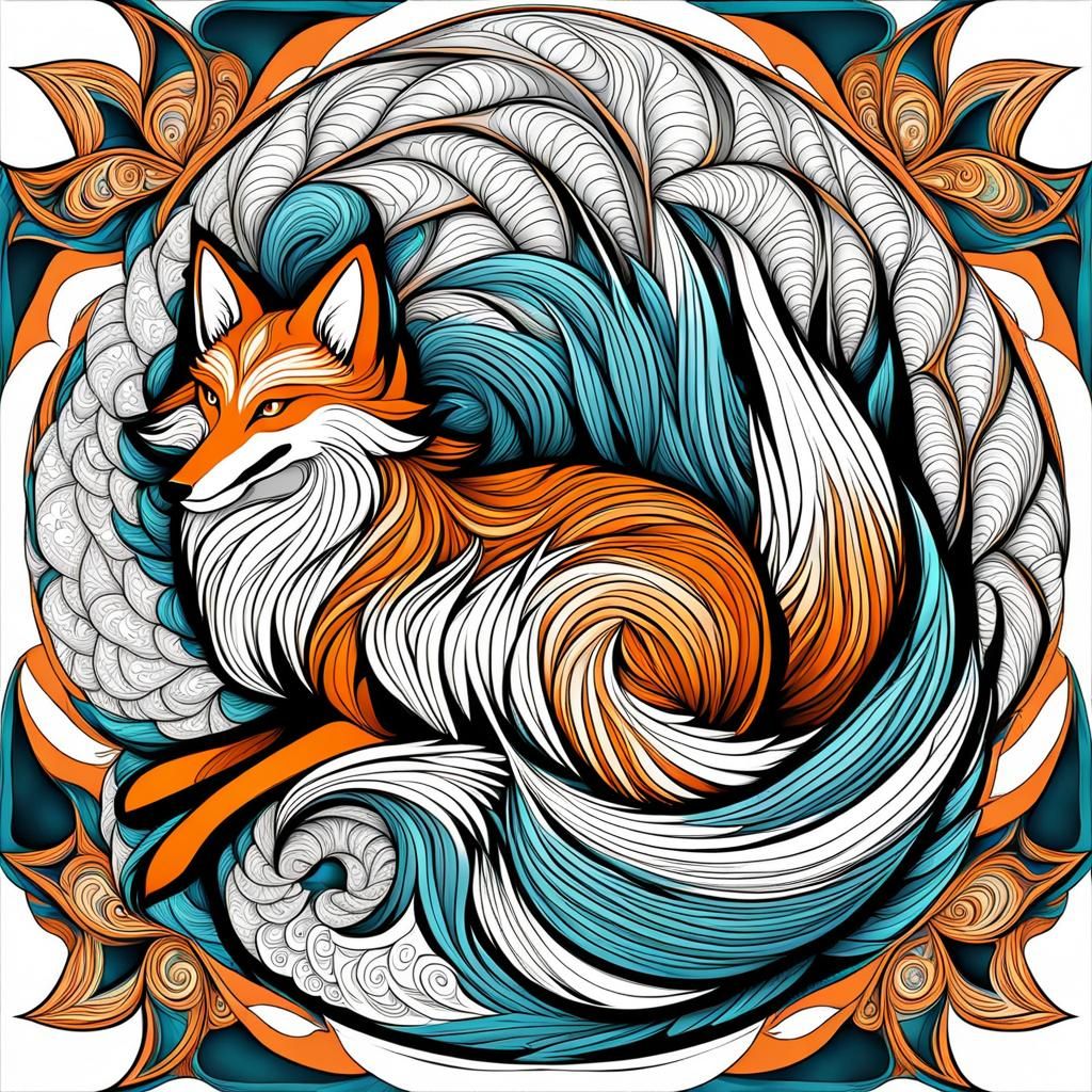 Nine-Tailed Fox with Abstract Fractal Design
