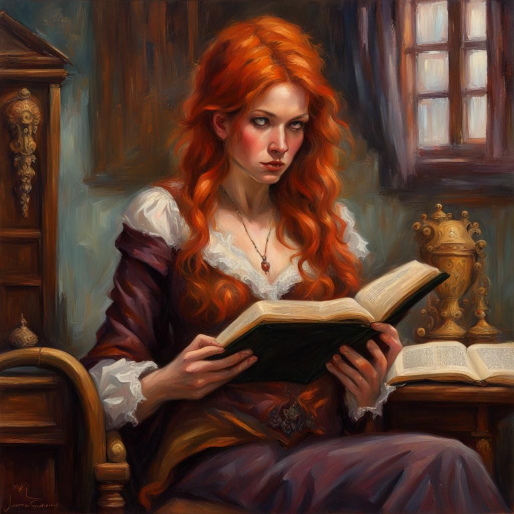 Woman Reading Grimoire in Academic Realism Style