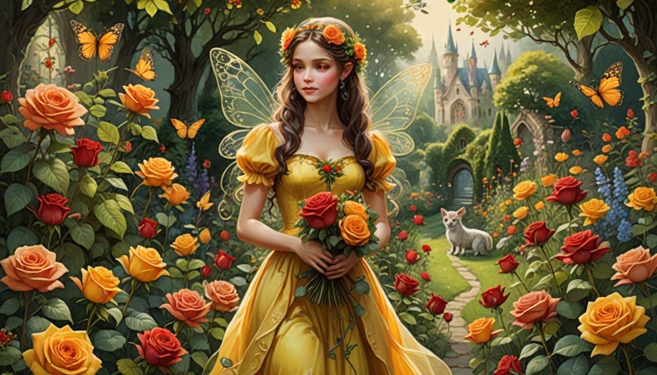 Summer Fairy with Roses in Verdant Garden