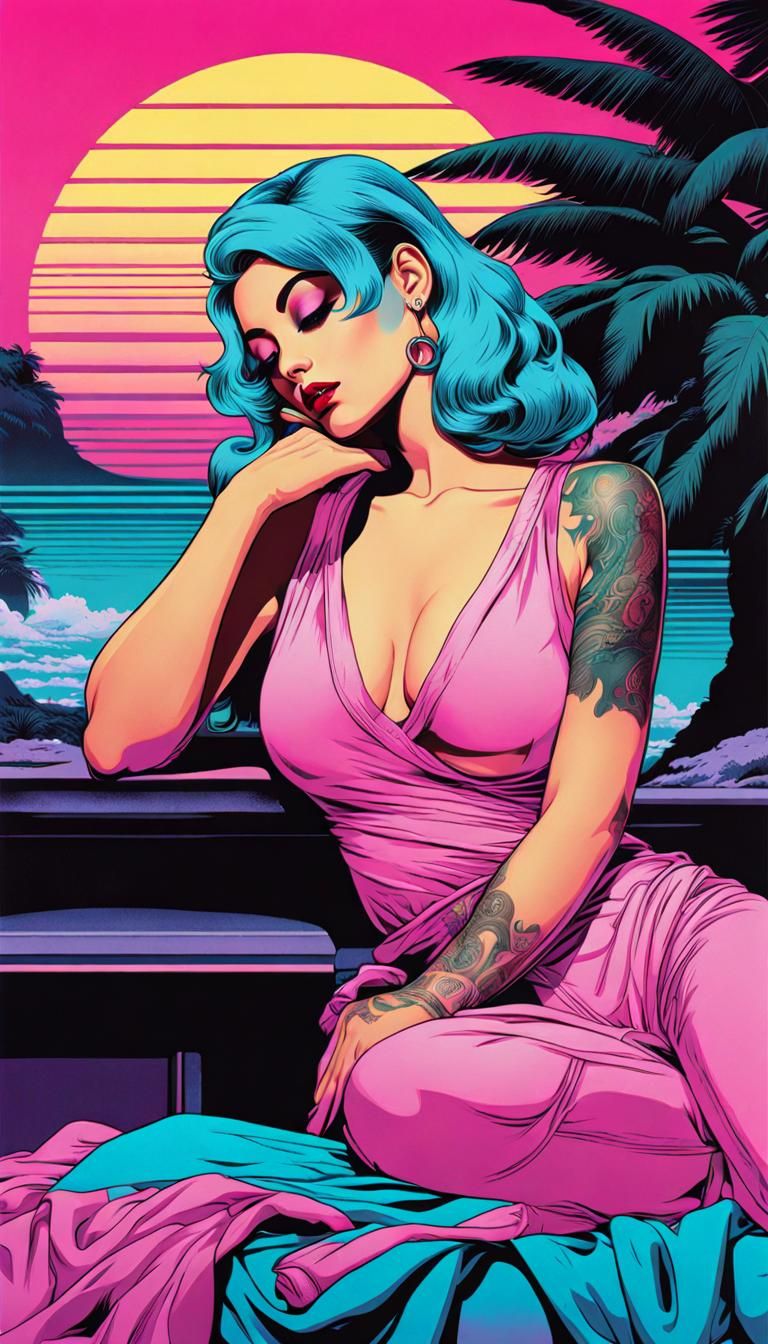 Vaporwave Tattooed Lady: Fairycore Pop Art