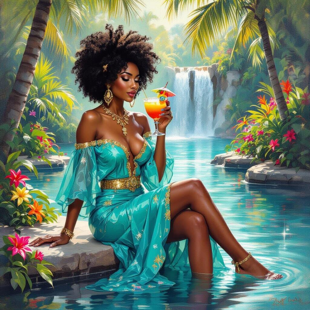 African American Woman in Turquoise Dress by Sparkling Pond