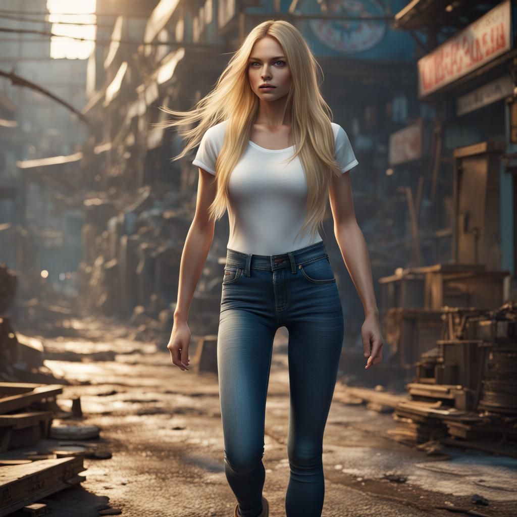 Blonde Woman Walking Away: Detailed Matte Painting