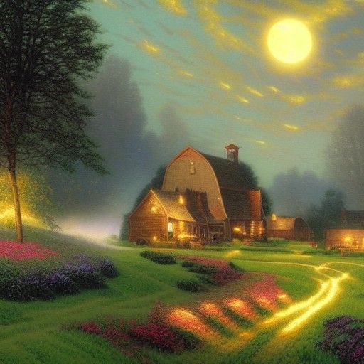 Night Farm Under Crescent Moon in Luminist Style