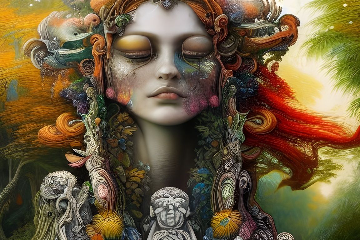 Psychedelic Gardens with Stone Statues