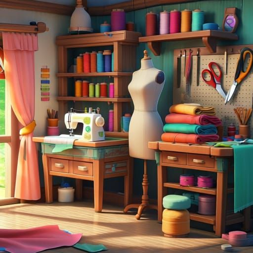 Vibrant Sewing Room in 3D Anime Style