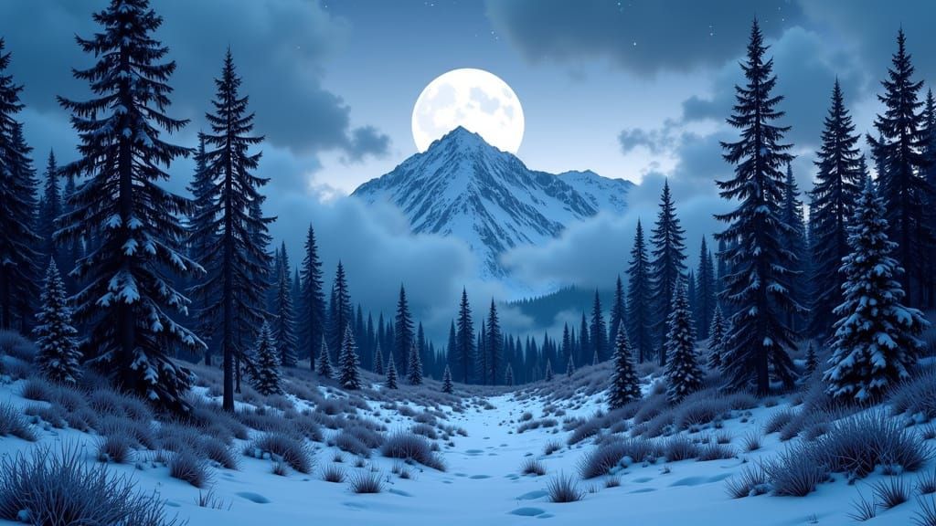 Dark Winter Forest Landscape with Snow-Capped Mountains