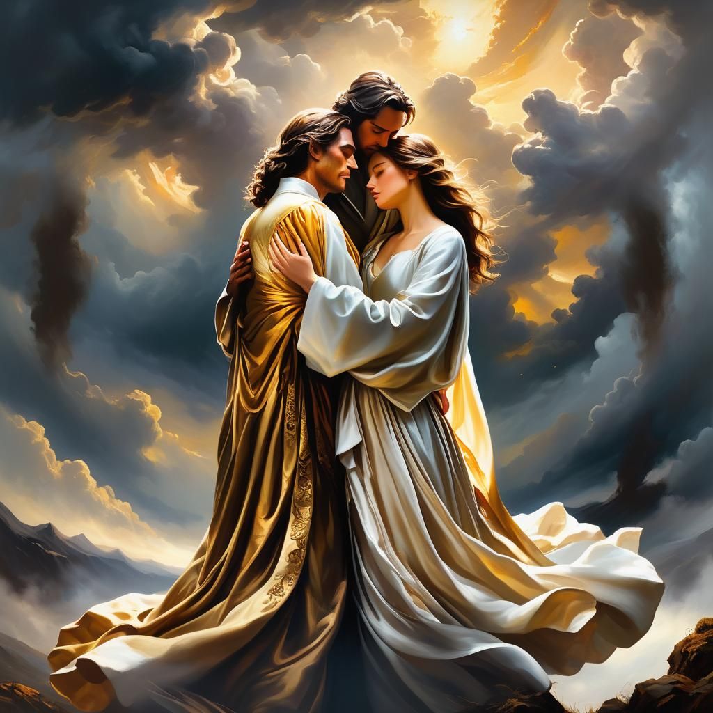 Baroque Couple Embrace in Heavenly Landscape