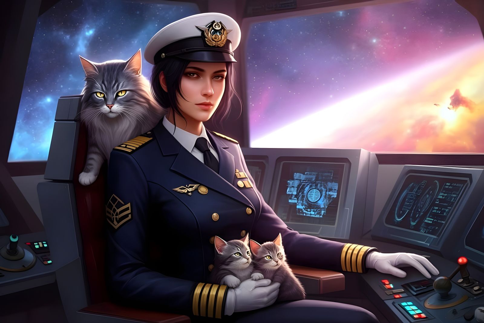 Elegant Captain Honor Harrington with Fierce Feline Companio...