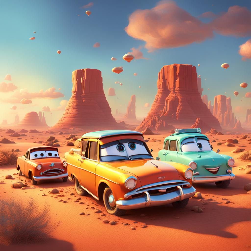 Cars in Desert: Pixar-Style 3D Digital Art