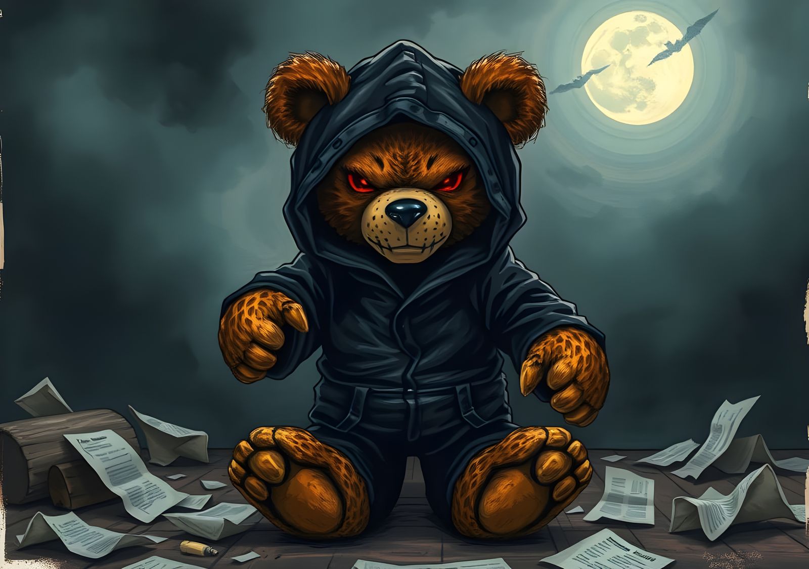 Menacing Teddy Bear in Dark Impressionist Nightmare