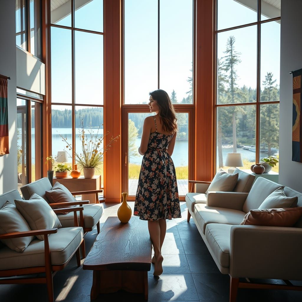 Woman in Sunny Atrium Overlooking Lake and Forest