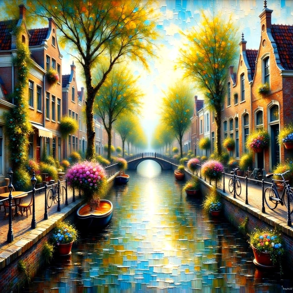 Charming Dutch Canal Scene with Character Homes and Bridges