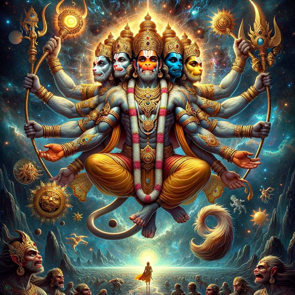 Panchamukhi Hanuman Radiates Divine Energy in Cosmic Nebula