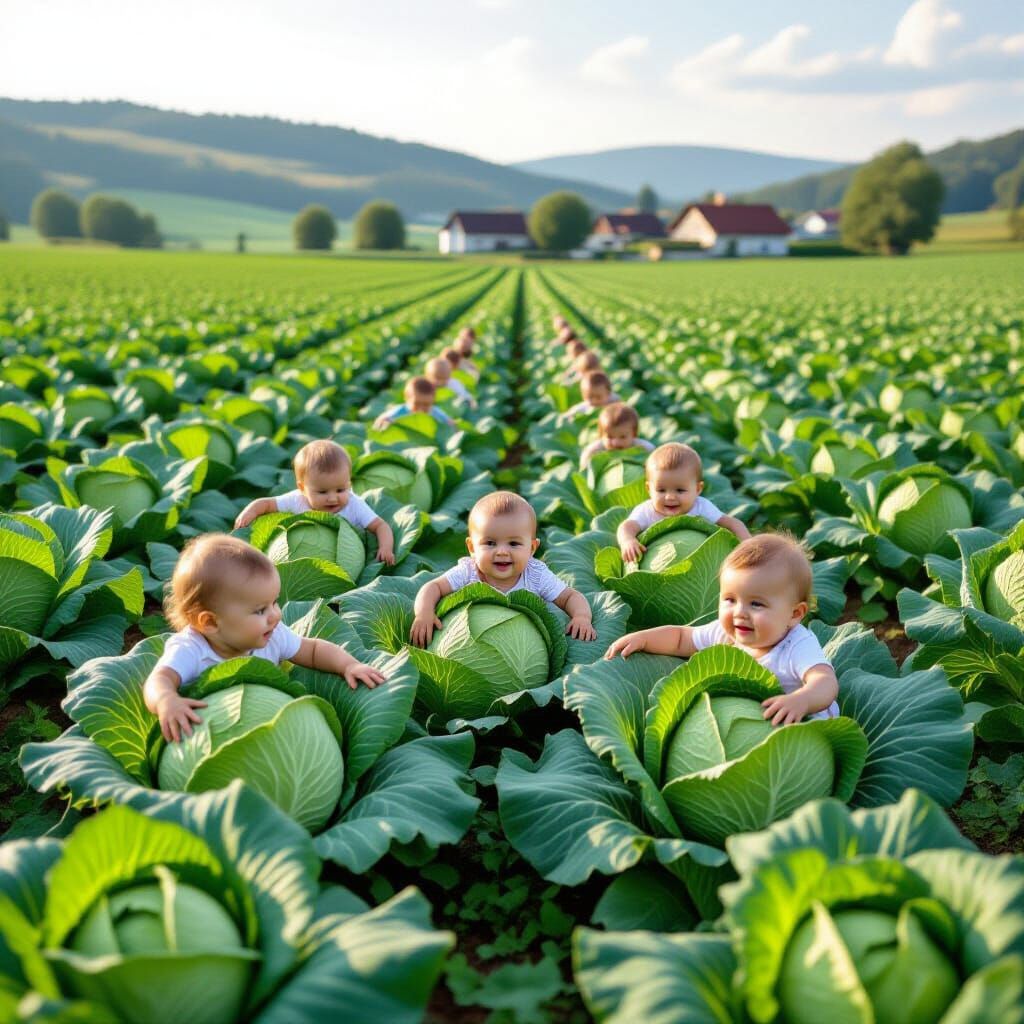 Surreal Cabbage Field With Sweet Baby Heads