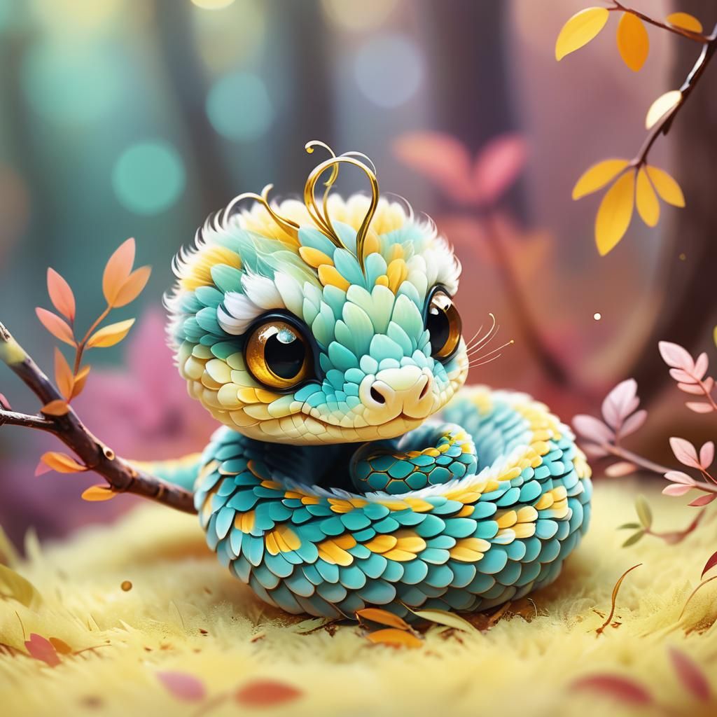 Adorable Fluffy Baby Snake in Colorful Forest