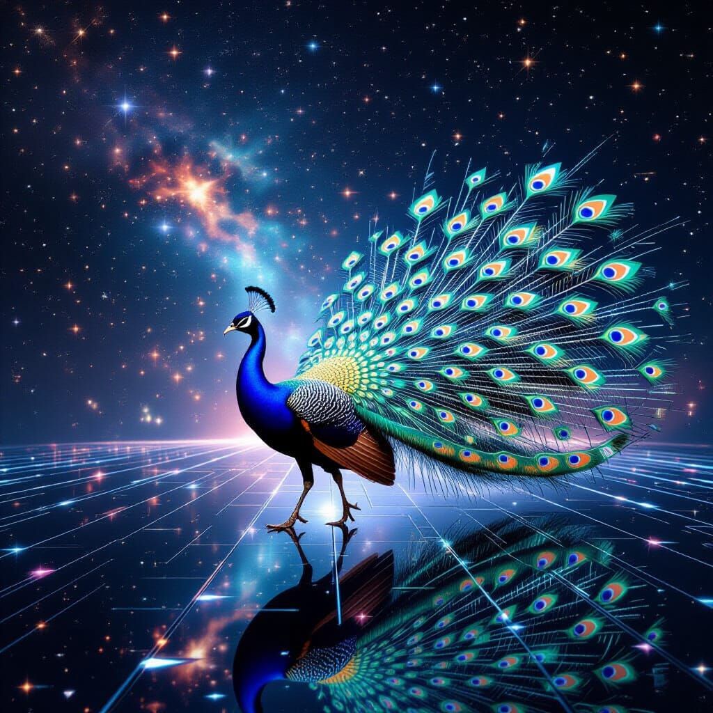 Futuristic Peacock Struts Obsidian Runway with Holographic T...