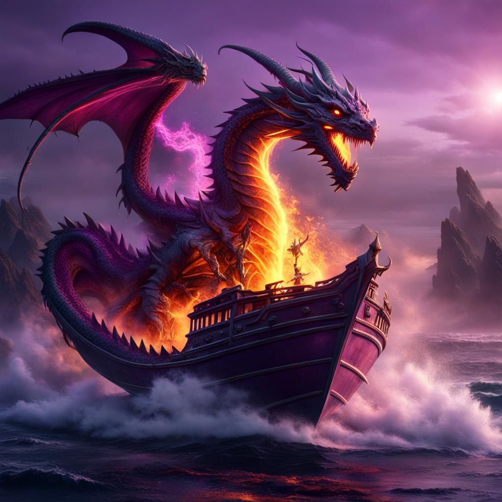Purple Dragon Emerges From Ocean in Fantasy Art