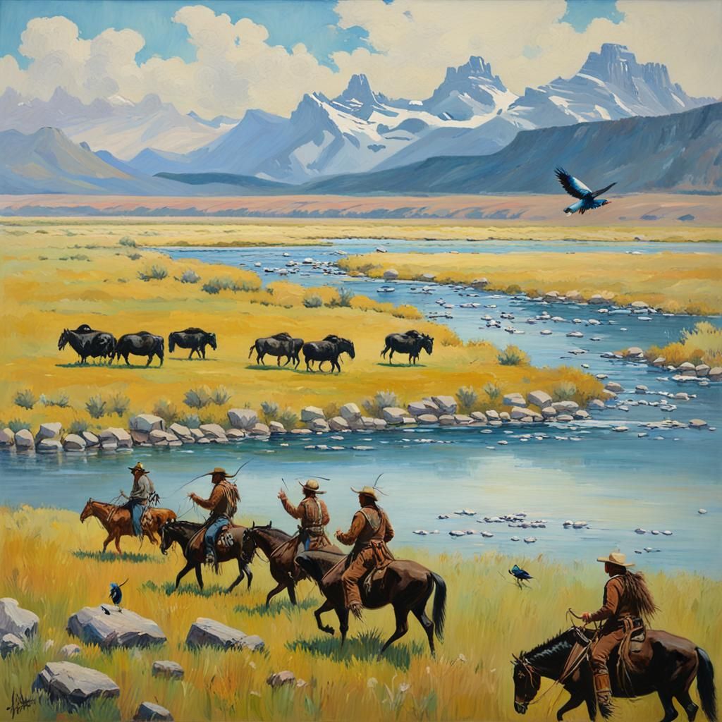 American West Scene with Buffalo in C.M. Russell Style