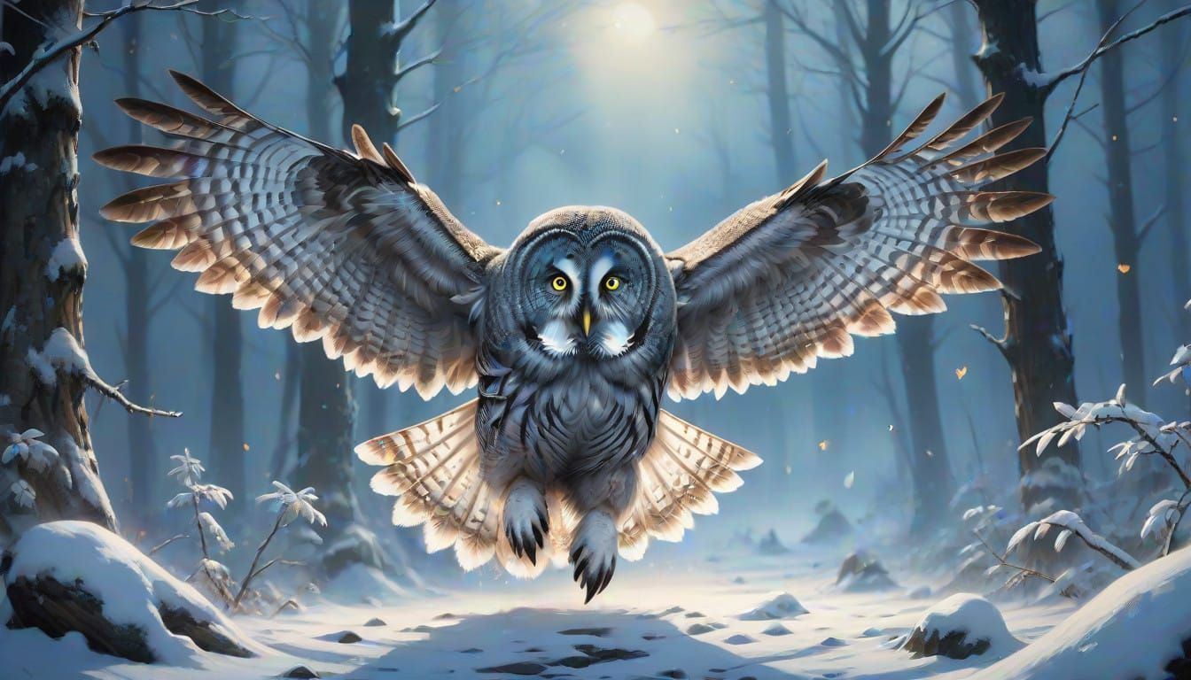 Mystical Owl Takes Flight Under Winter's Shadowy Skies