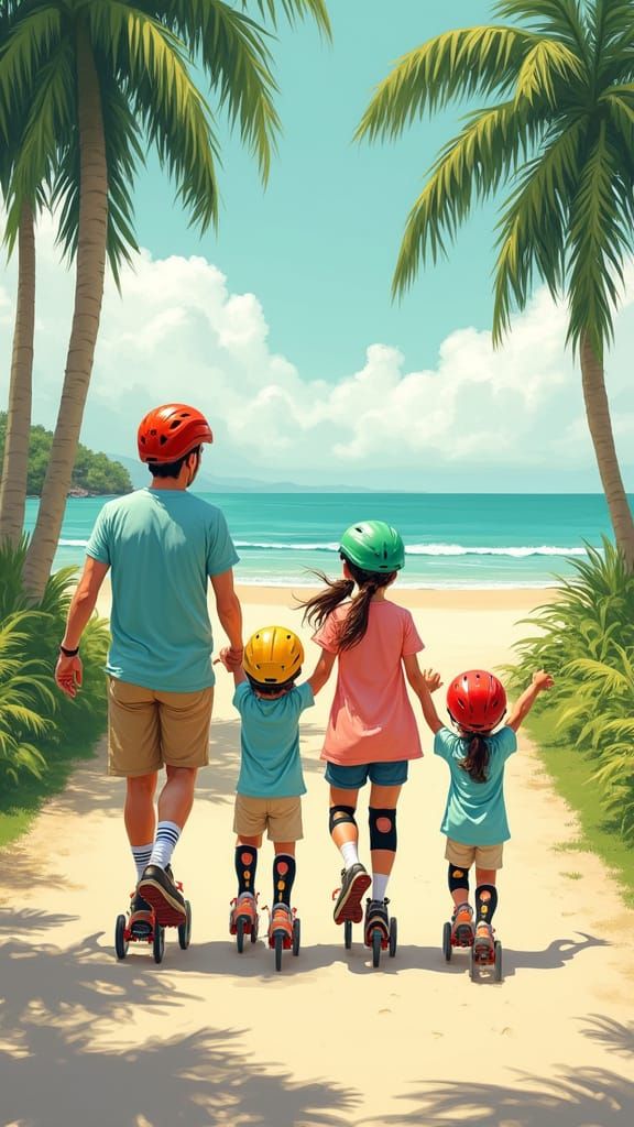 Family of Four Inline Skating at East Coast Park in Whimsica...