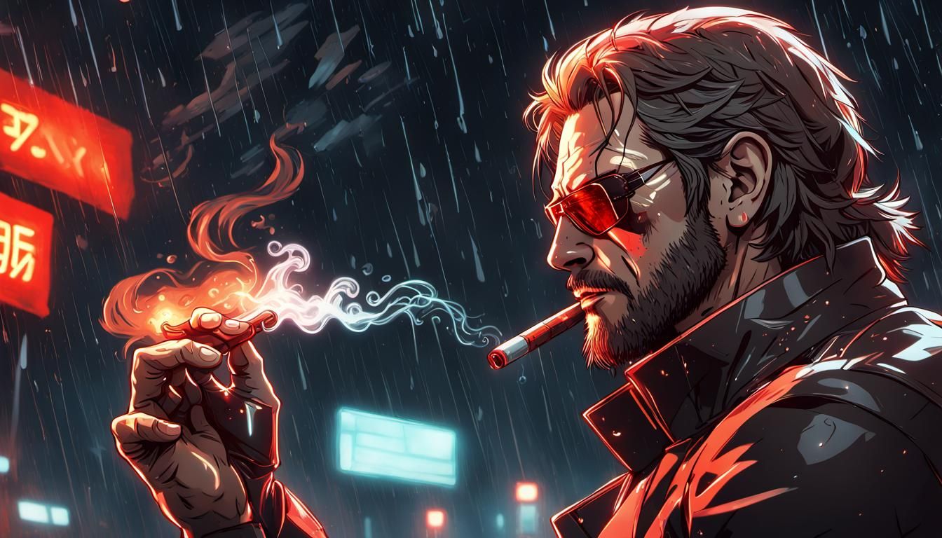 Big Boss Smoking Cigar in Neon Rain