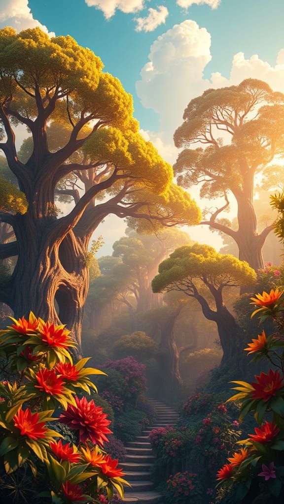 Dreamy Celestial Oasis with Towering Trees and Vibrant Bloom...