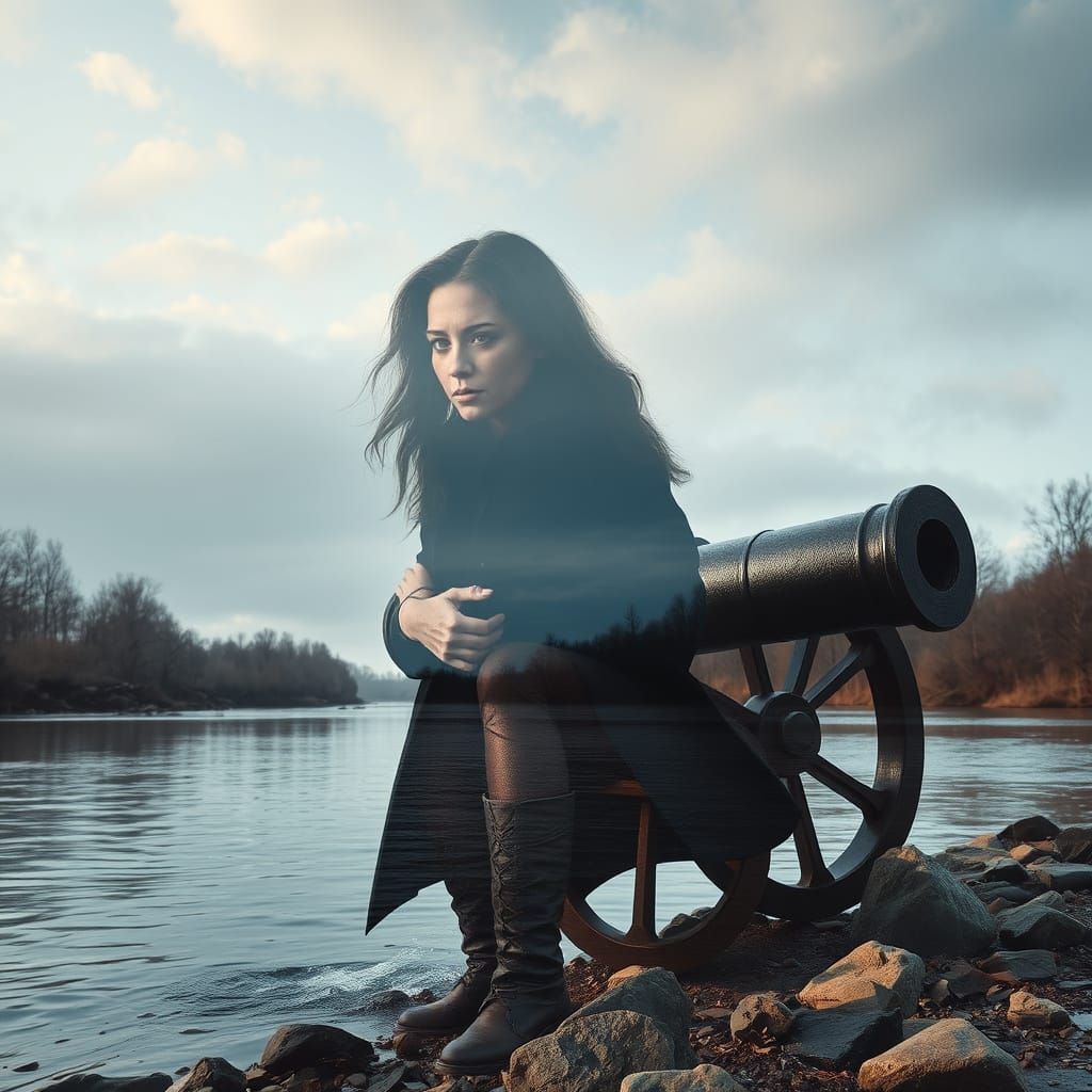 Goddess Artilleryman in River Landscape Double Exposure