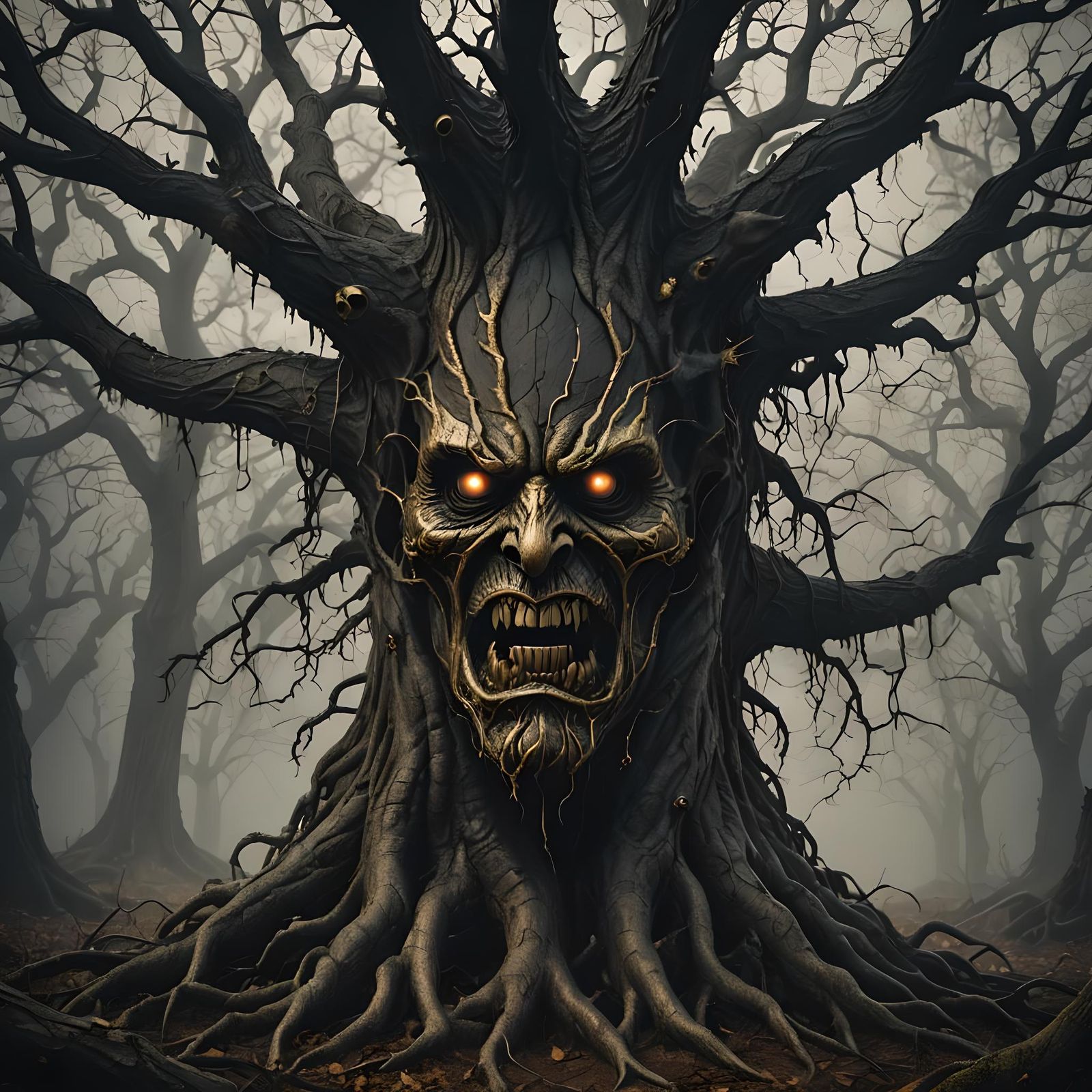 Surreal Dark Fantasy Tree with Gold Ornaments
